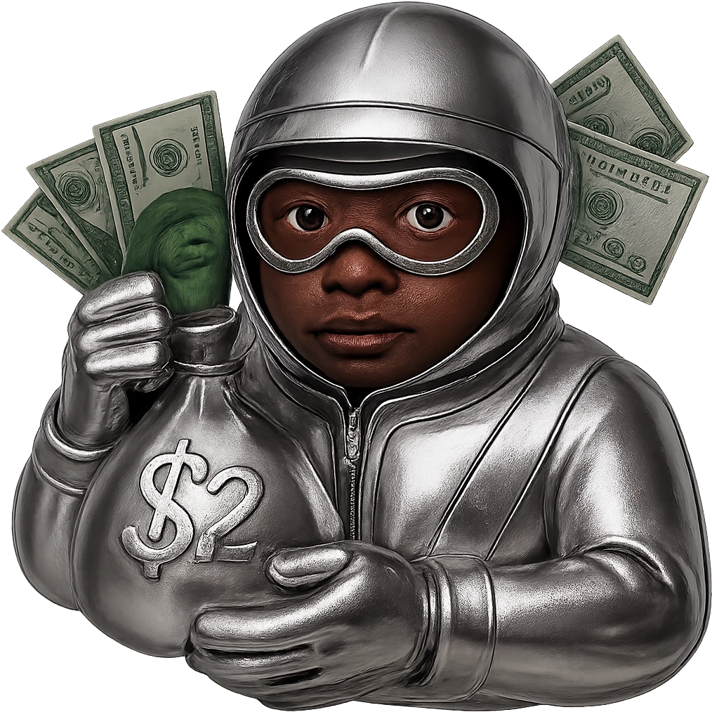 Make the face brown and the money green, keep everything else chrome in 3D metallic style, no background. emoji