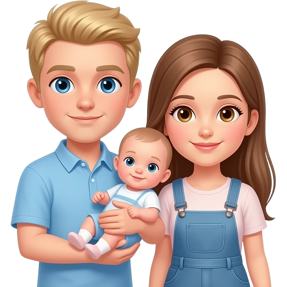 Make a boy with blonde hair and blue eyes and a girl with straight light brown hair and hazel eyes hold a baby girl emoji