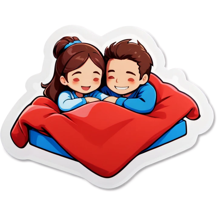 Man and woman holding each other in a bed with red blanket and blue pillows  emoji