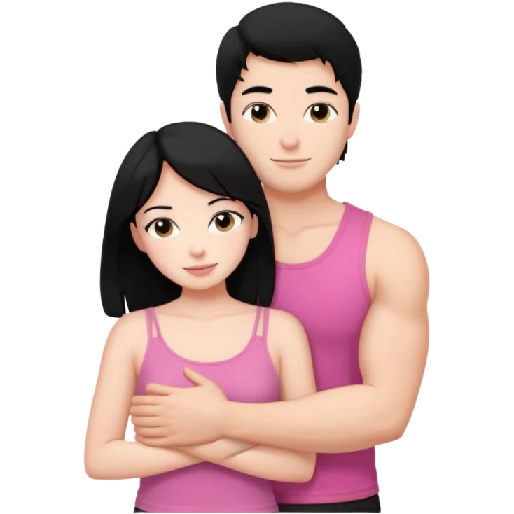 a pretty bratz fair girl. black hair, wearing a pink cami top, she is hugging a handsome fair guy with black hair. lean but muscular.the boy is wearing a black tshirt emoji