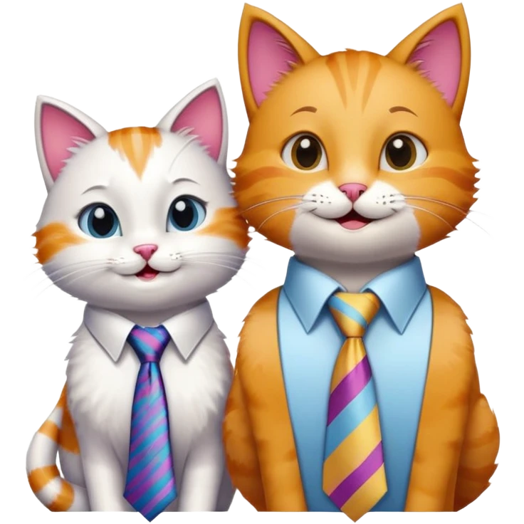 happy girl cat with eyelashes wearing a colorful necktie and happy boy cat wearing a professional necktie standing together side by side, both with cheerful expressions emoji