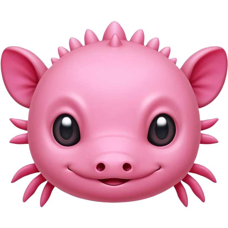 Cartoon pink axolotl face emoji, front view, flat wide head, external gills on both sides, big round eyes, small mouth, no snout, vector style, flat colors, transparent background. emoji