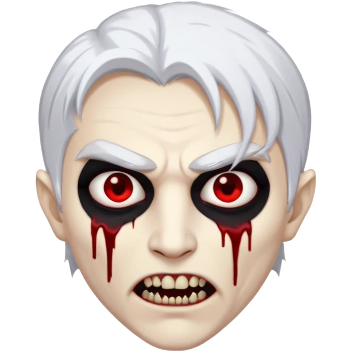 Creat a young man Vampire with white skin and white hair and full black vampire clothes and bloody eyes and long fangs and scary dead eyes emoji