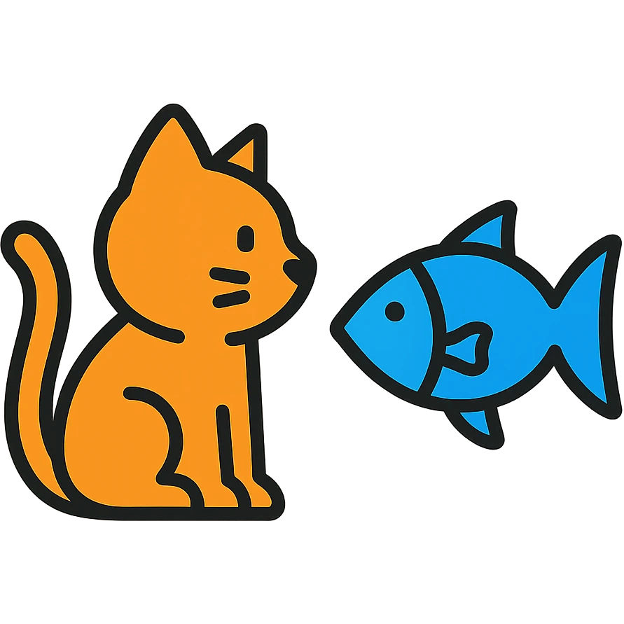 a cat and a fish facing each other, friendly, simple icon style emoji