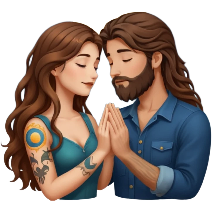 woman with long wavy brown hair tattoos and man with long brown hair beard, foreheads touching, shared glowing moon between hands emoji