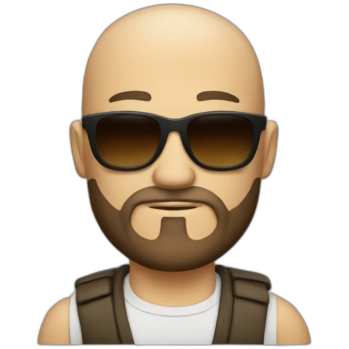 Bald muscular white man with brown beard and sunglasses smoking cigar not smiling emoji