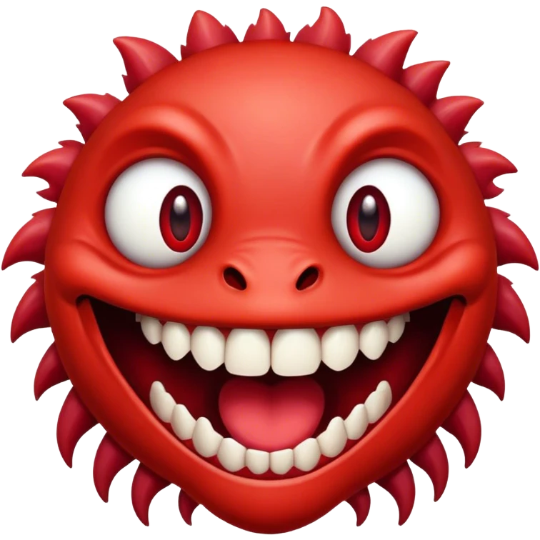 Creature comes out of the eye of a creature who has red skin and a wide smile with long teeth emoji