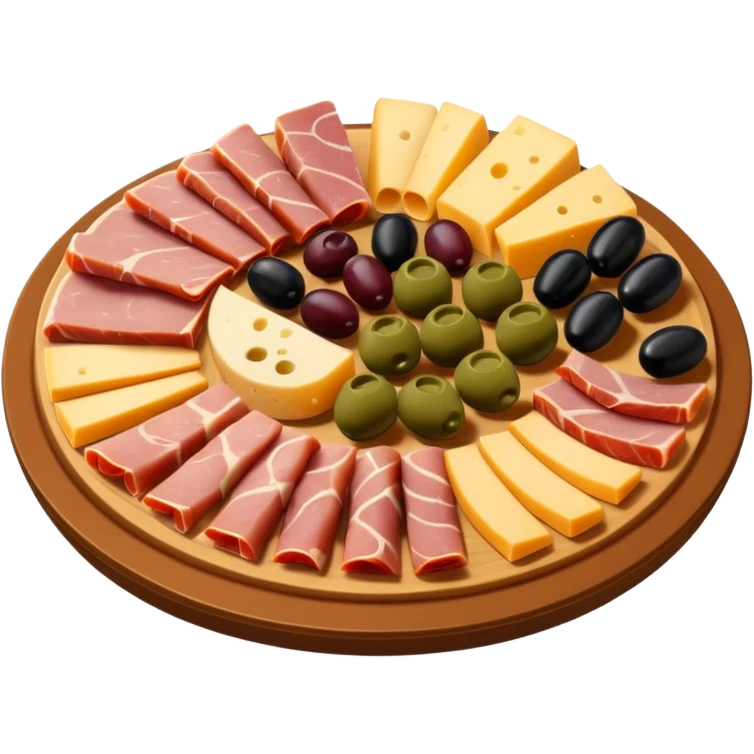 A 3D cartoon platter of assorted deli items like sliced meats, cheese, and olives, colorful and appetizing, Memoji-style. emoji
