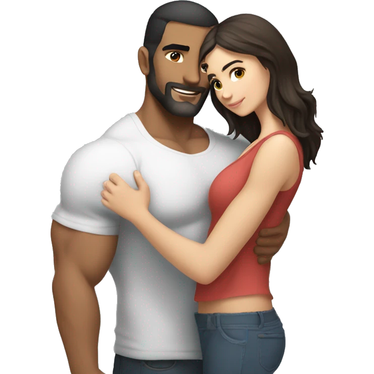 Tall muscular arab man hugging cute white brunette girl emoji