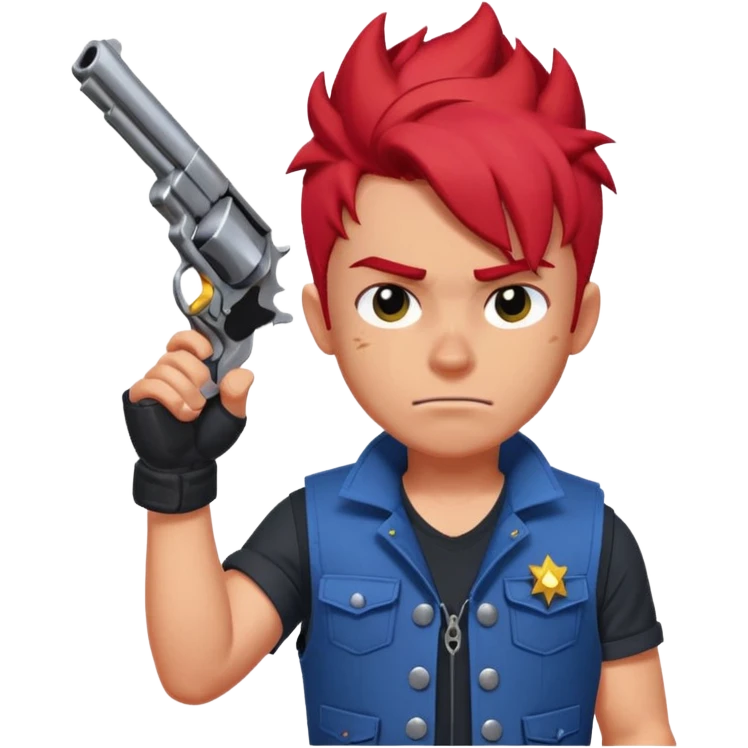 Colt from Brawl Stars, winking, holding one revolver up, spiky red hair, blue vest emoji