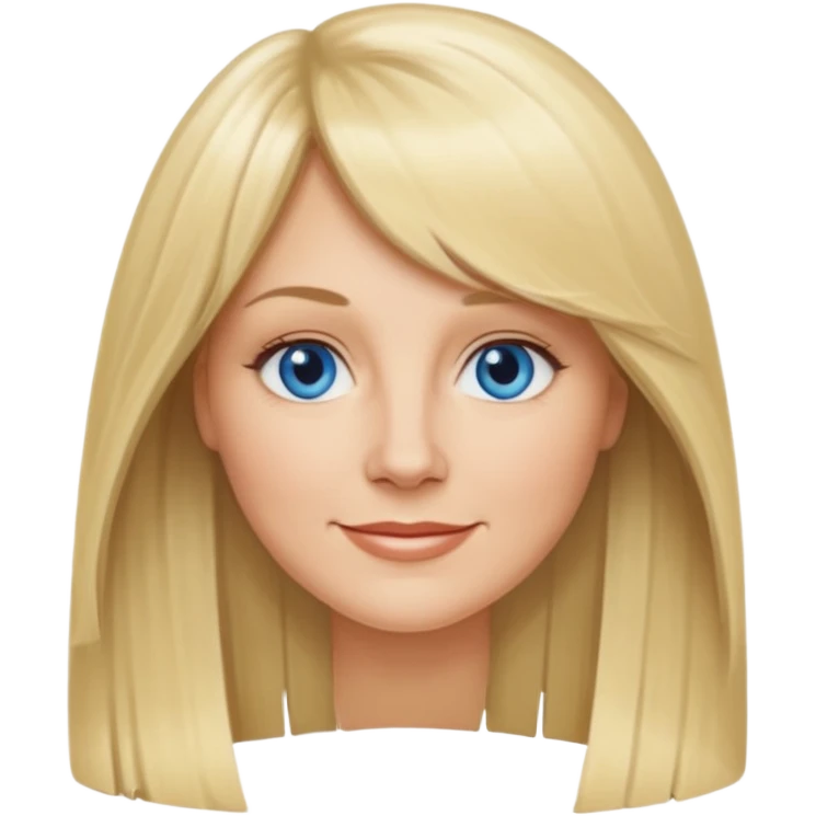40 yr old white woman, curtain bangs, long straight blond hair, oval face, small smile, blue eyes emoji