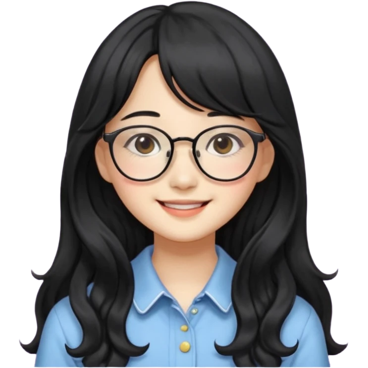 Please generate a portrait of a pretty girl with long, wavy, black hair. She's smiling. She also wears a middle parting and bangs. with glasses pink wonyoungsim from ive fom kpop group emoji