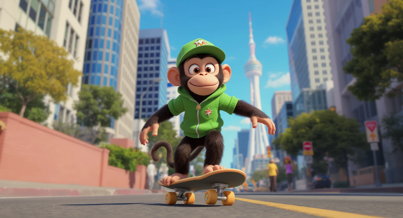 Disney style Cinematic still scane, Low angle shot, monkey dress in green outfit, monkey ride on skateboard, san francisno downtown with city lanscape, blue clean sky, captured by ARRI Alexa XT, soft cinematic lightning, back light, inspired by ToyStory 4, rule of thirds emoji