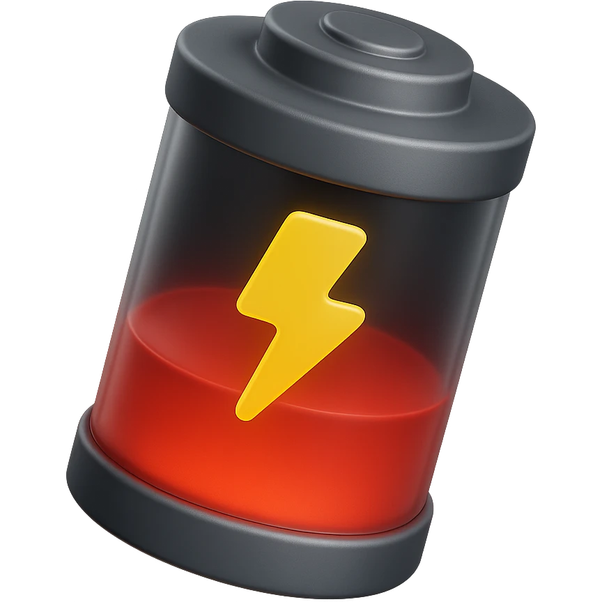 Realistic 3D cylindrical battery with half red level, inspired by the reference image, glass effect, yellow lightning symbol, transparent details, isolated on white background. emoji
