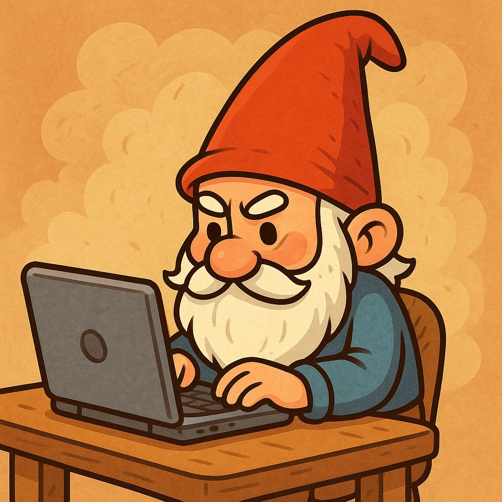 a gnome sitting at a laptop, working diligently, in a whimsical cartoon style emoji