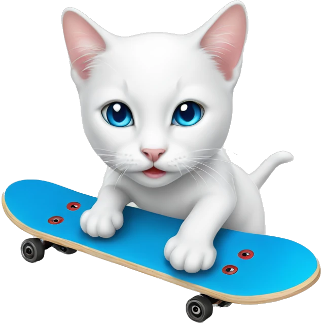 white kitty with blue eye, skate bord emoji