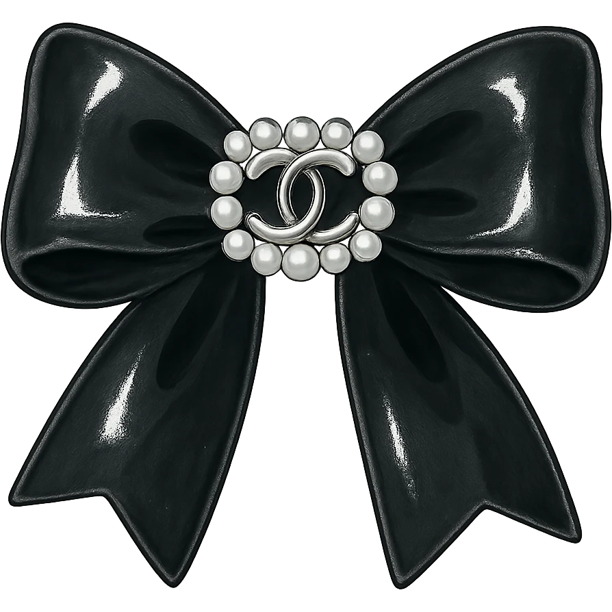 elegant bow with pearls and silver Chanel logo, glossy, black and white emoji