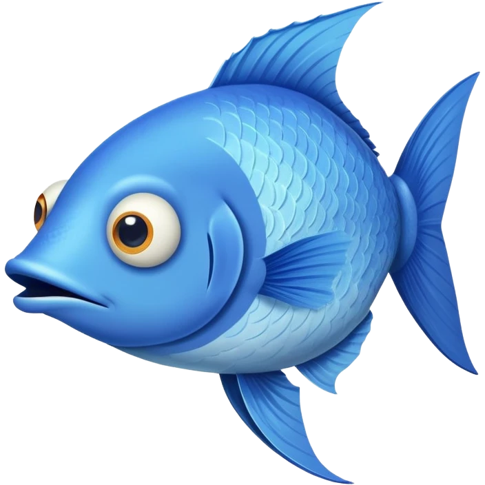 ridiculously derpy blue fish with crossed eye and silly underbite, perfect flat side profile facing right, exactly 90 degrees, completely 2D like a paper cutout, only one eye visible, absolute side view emoji