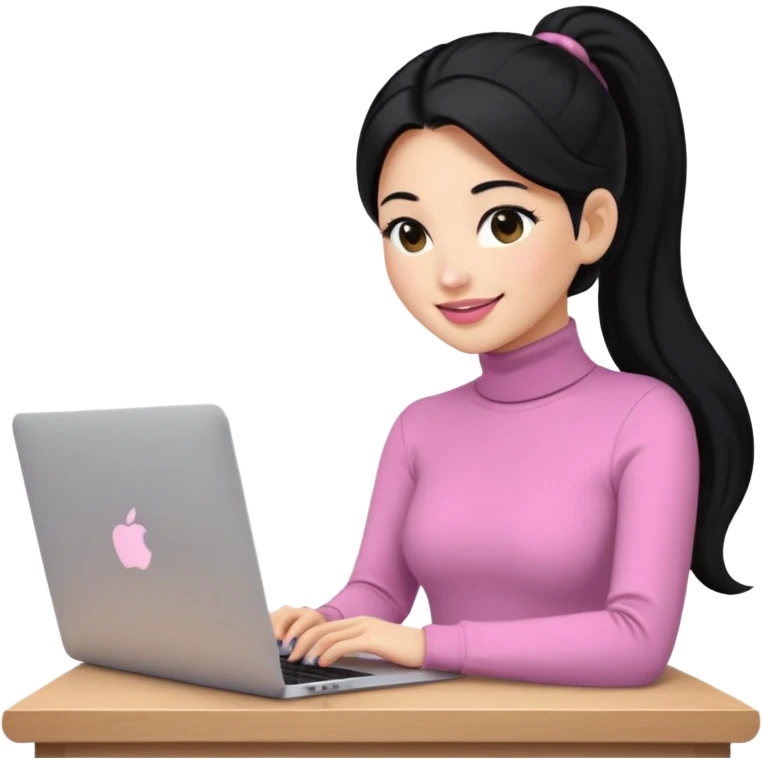 a woman with long sleeve turtle neck top and smile, her hair is long black pony tail, her eyes color are black and the color of her lip is soft pink with apple notebook (macbook). her jab is digital designer. emoji