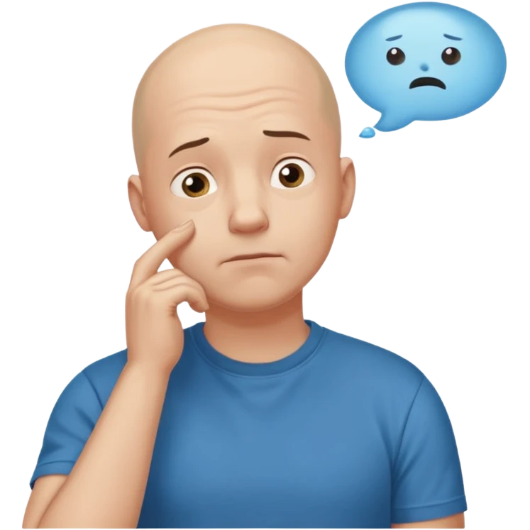 bald man with t-shirt, doubting face, hand on chin looking up, thought bubble emoji