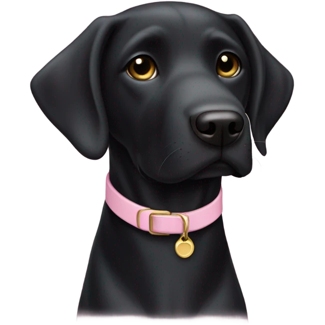 a black lab with one ear up and one ear down and it’s wearing a light pink collar emoji