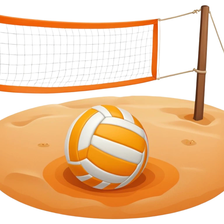 The scene captures a sunny beach atmosphere with clear blue sea and sky, palm trees swaying, and people in swimsuits enjoying the vibrant surroundings. A volleyball resting on the orange sand ground of a beach, with a volleyball net in the background.  emoji