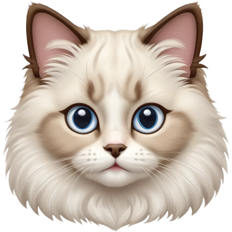cinematic-adorable-big-eyed-fluffy-ragdoll-cat-portrait-emoji,-head-tilted-playfully-with-a-sweet-expression,-fluffy-white and brown-fur,-simplified-yet-irresistibly-cute-features-with-large,-expression, blue eyed ragdoll cat emoji