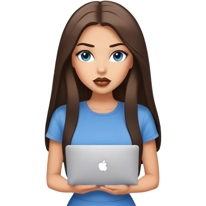 Glamours tanned very beautiful girl with big pump lips and dark chocolate straight smooth long hair, blue-grey eyes in brown/beige short sleeves clothing with MacBook emoji