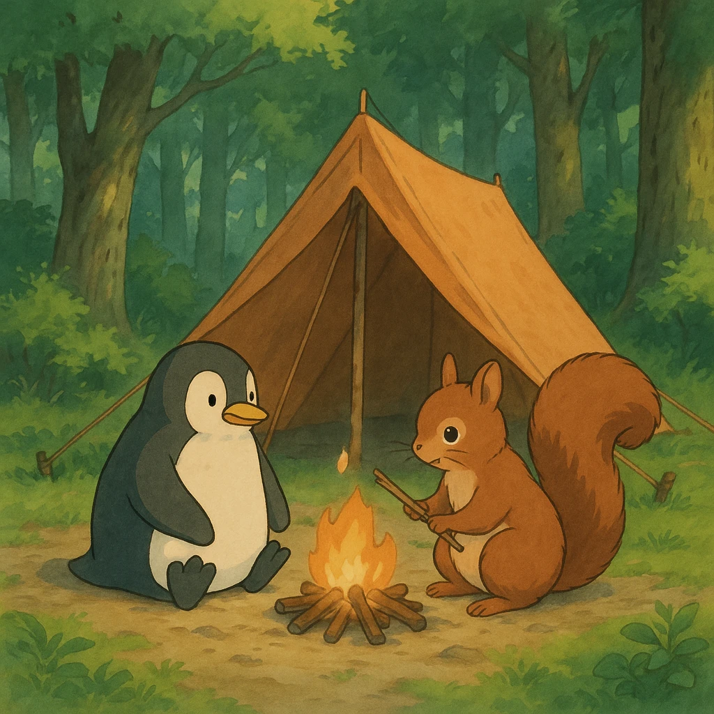 Pinguin und Eichhörnchen beim Campen, Zelt und Wald, Ghibli-Stil emoji