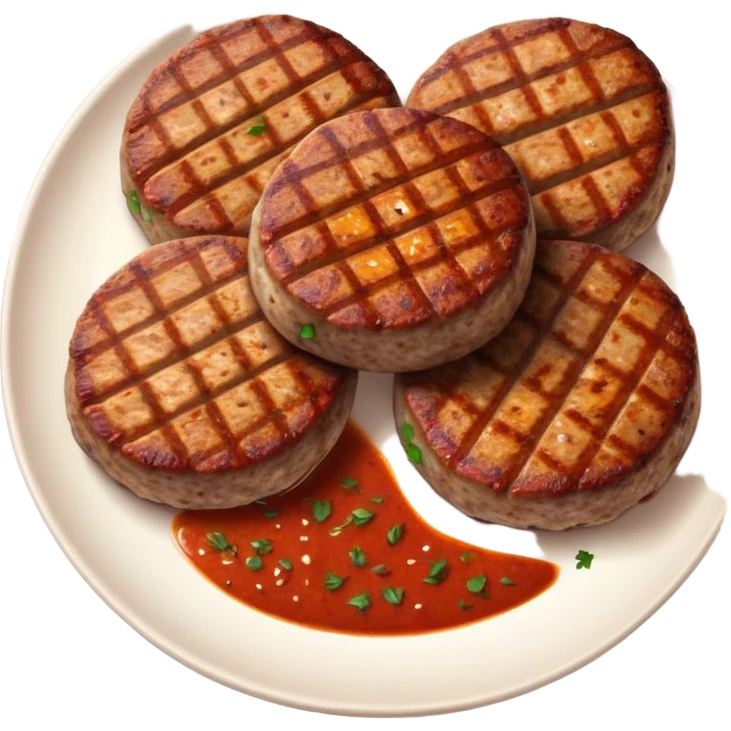 Cinematic Realistic image of Turkish Köfte, presented as perfectly formed, spiced meat patties with detailed textures and subtle grill marks, arranged artfully on a simple plate and illuminated by warm, appetizing lighting that accentuates their savory appeal. emoji