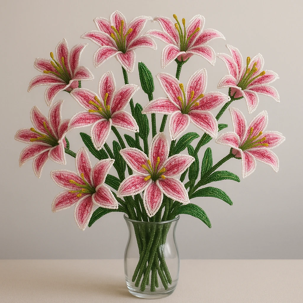 french beaded pink stargazer lilies, a dozen flowers in a clear vase, detailed beadwork, pink and white petals, lush green stems, elegant and lifelike emoji