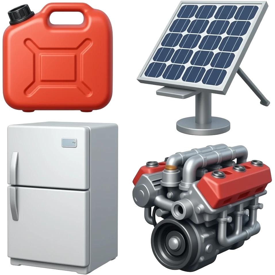 Collage of fridge, Gas, Solar, engine emoji