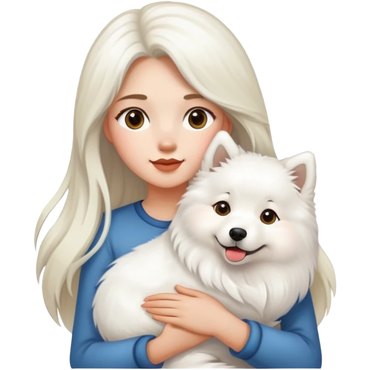 A girl with long highlighted hair holding a Samoyed emoji