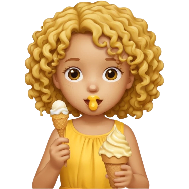 a little girl kid with curly hair, yellow dress, eat ice cream emoji