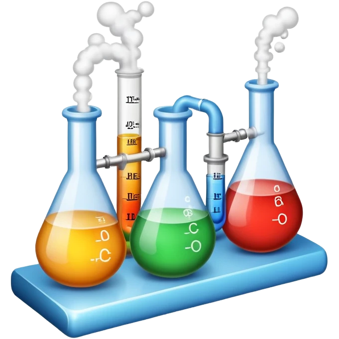 An icon featuring chemical flasks with tubes, representing hydrolysis, along with liquids, powders, and chemical formulas. The design includes molecules and reaction symbols, symbolizing the study of chemical processes and compounds. Transparent background highlights the science of reactions. emoji