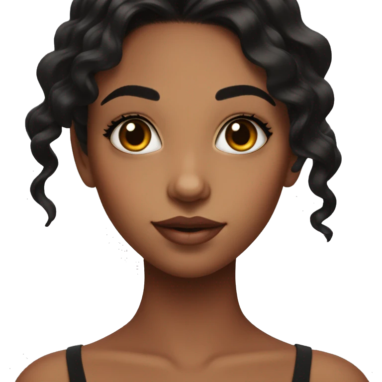 girl with wavy black hair, medium length lashes. Beauty spot above right eyebrow emoji