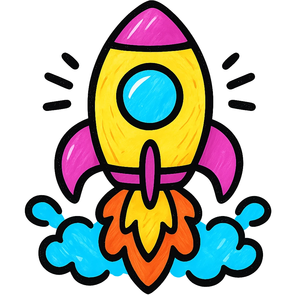 A fun and energetic icon of a rocket ship blasting off emoji