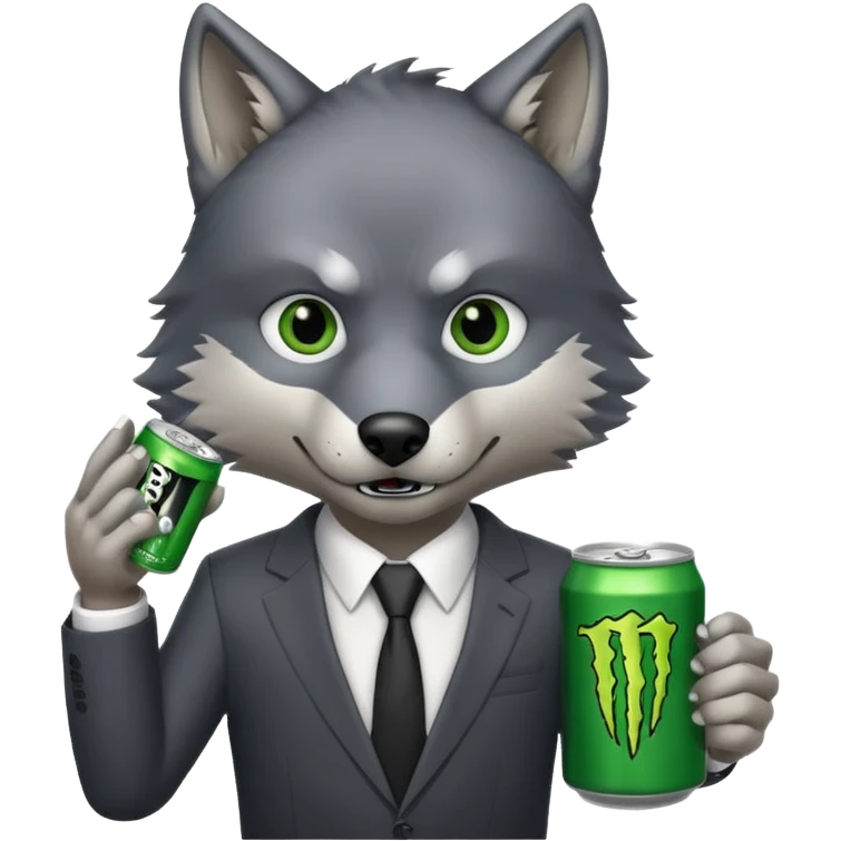 wolf in business suit, holding a monster energy can  emoji