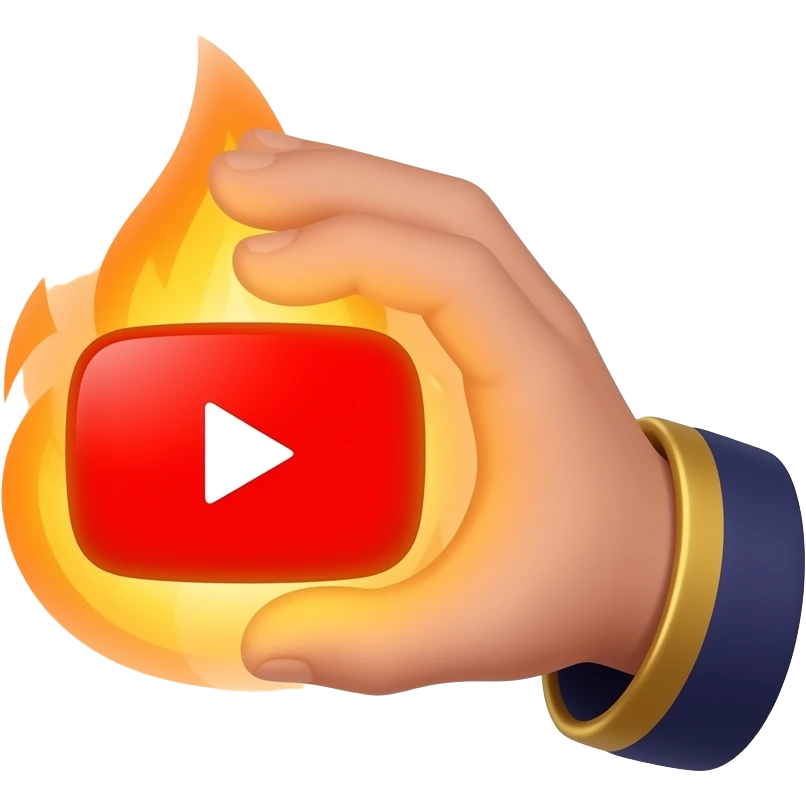 A wizard’s hand holding a glowing, magical YouTube logo like a fire spell, text bellow: "Do you want Content Maker?" High fantasy, mystical particles, clean white background, sticker style emoji
