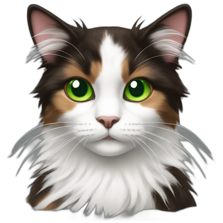 longhaired dark brown and white calico cat with green eyes with colourful fluff ball emoji