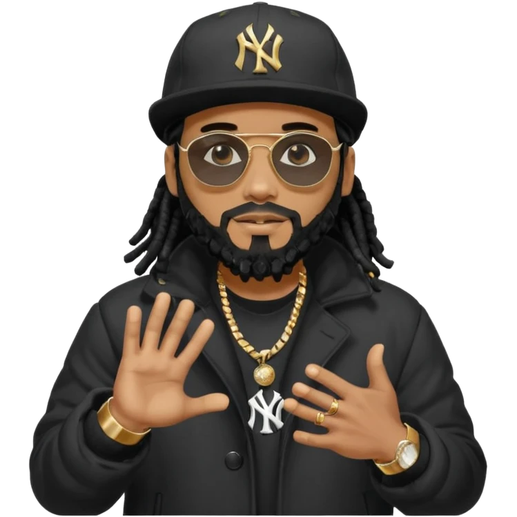 African American man with shoulder length black dreadlocks with black beard wearing black sunglasses wearing a black bubble winter coat wearing a New York Yankees baseball hat with his hands out emoji