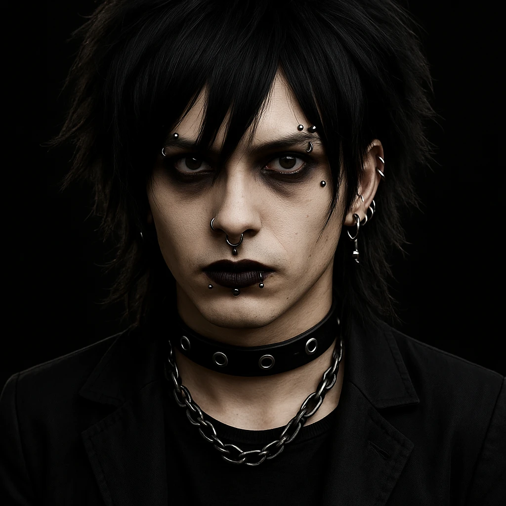 Add facial piercings including eyebrow, lip, and ear piercings to the Vkei style boy with medium long black hair, emo, shaggy hairstyle, and a dark, creepy expression. Maintain the overall dark and edgy vibe of the character. emoji