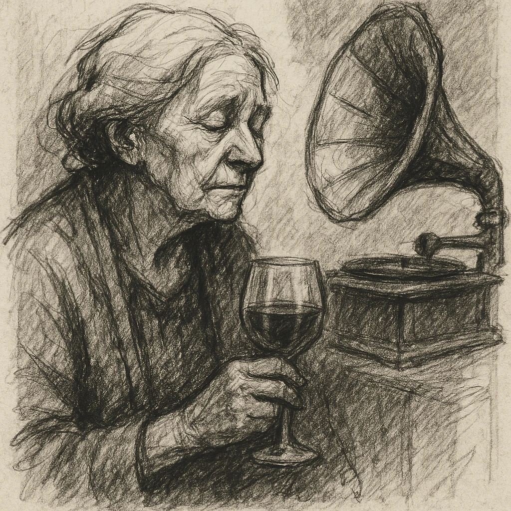 old lady with wineglass listening to gramophone emoji