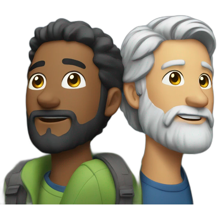 a younger men with a beard and an older men hiking up a mountain emoji