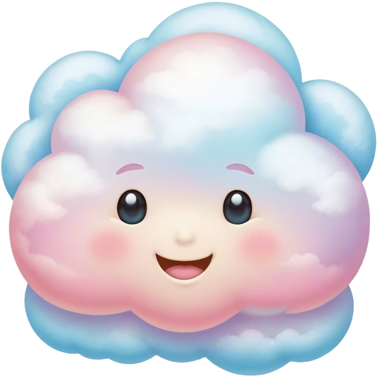 Cinematic round pastel cloud, soft puffy texture, gentle glowing edges, tiny happy face with blushing cheeks, floating in a dreamy sky, warm and magical. emoji