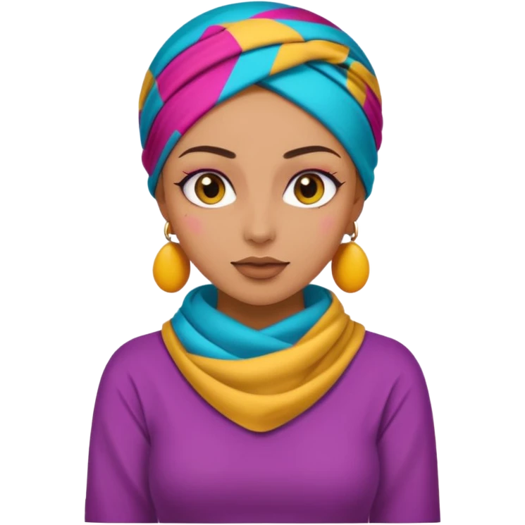 tanned skin woman with a colorful headscarf, makeup, and a long sleeve shirt covering shoulders and arms, emoji style emoji