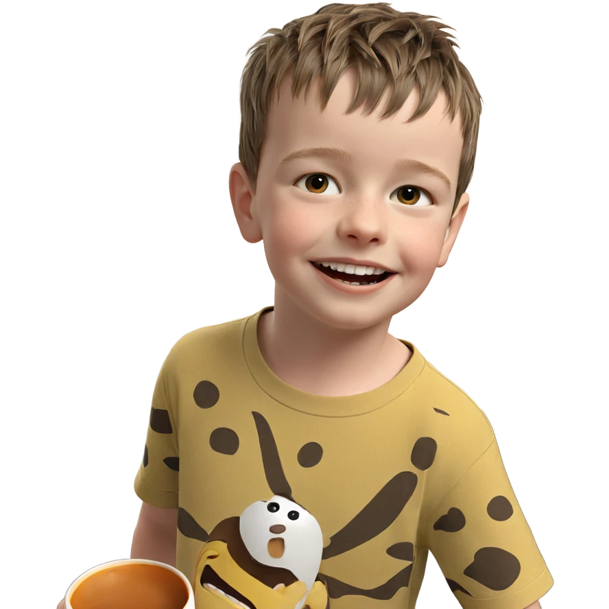 smiling boy with mug indoors emoji