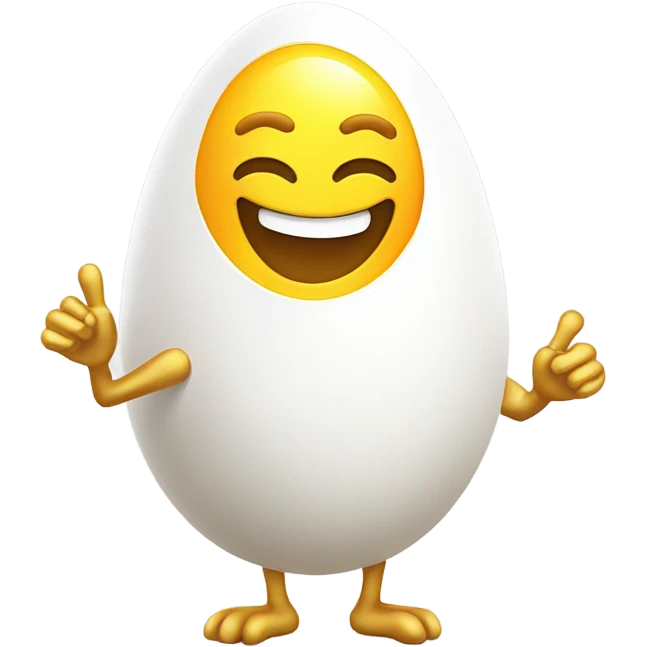 A cheerful sunny-side-up egg with human-like golden arms and legs, smiling and waving on a white background emoji