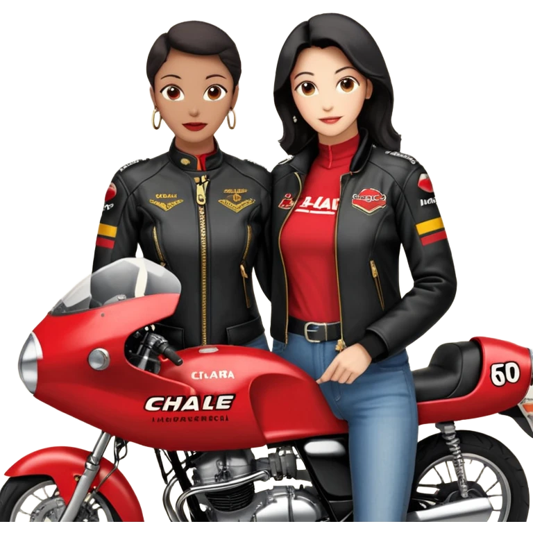Crie um motoqueiro de jaqueta preta junto com uma mulher de jaqueta preta com um símbolo de um coração vermelho com chama vermelha e letras HL escrito em dourado dentro do coração vermelho, a mulher abraçado ao motoqueiro os dois de costas na moto Harley Davidson vermelha  emoji