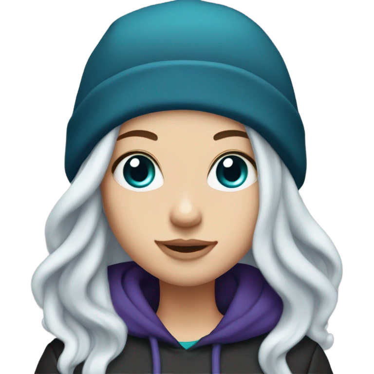 White girl, blue eyes, long teal hair, purple beanie hat, black hoodie, blue jeans, black shoes emoji